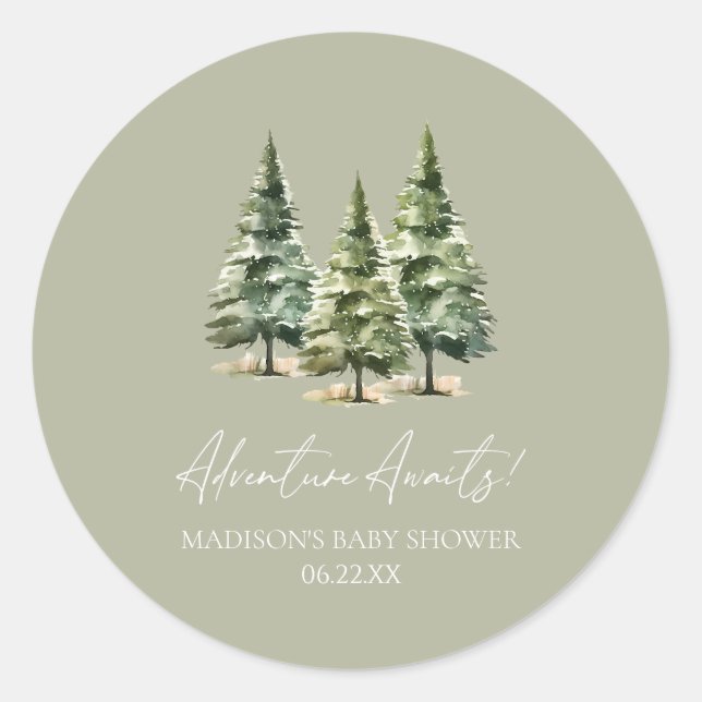 Abenteuer wartet! Winter Pine Trees Baby Dusche Runder Aufkleber (Vorderseite)
