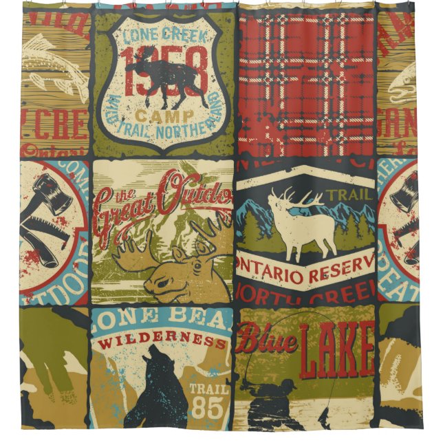 Abenteuerzeichen und Symbol-Patchw in Nordgebieten Duschvorhang (Vorderseite)