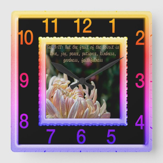 Aber die Frucht der Geist-Regenbogen-Quadrat-Uhr Quadratische Wanduhr (Vorderseite)