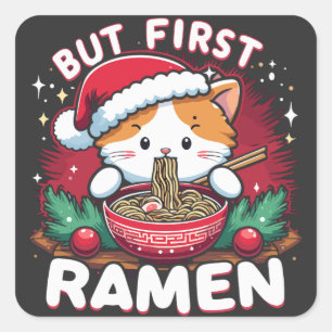 Aber zuerst Ramen, Niedliche Katze mit Weihnachtsm Quadratischer Aufkleber
