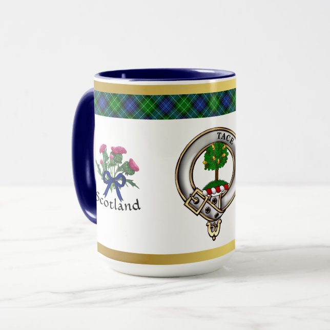 Abercrombie Clan Abzeichen Tartan & Motto Tasse (Vorderseite Links)