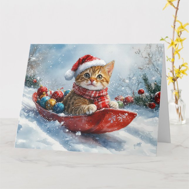 Abessinienkatze in Sledge Lass es Schnee Weihnacht Karte (Gelbe Blume)
