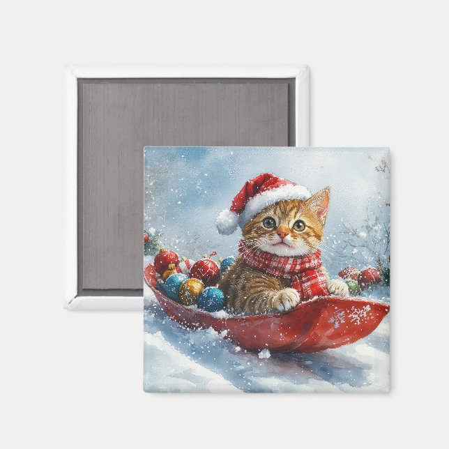 Abessinienkatze in Sledge Lass es Schnee Weihnacht Magnet (Vorderseite/Rückseite)