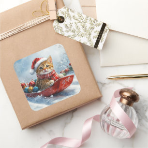 Abessinienkatze in Sledge Lass es Schnee Weihnacht Quadratischer Aufkleber