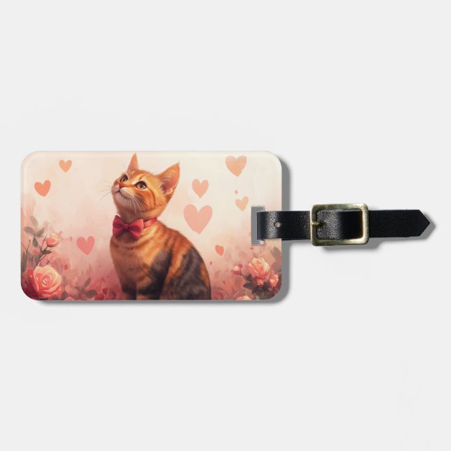 Abessinienkatze mit Rose - Valentinstag Gepäckanhänger (Vorderseite horizontal)