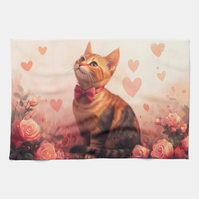 Abessinienkatze mit Rose - Valentinstag Geschirrtuch (Horizontal)