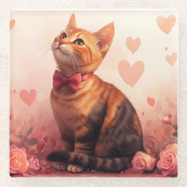 Abessinienkatze mit Rose - Valentinstag Glasuntersetzer (Vorderseite)