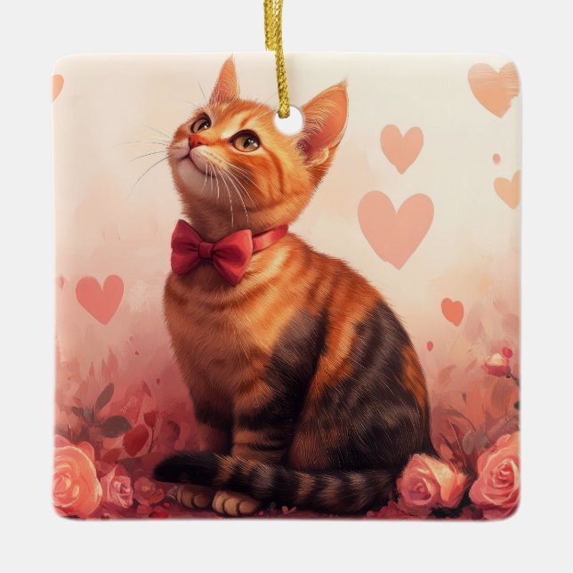 Abessinienkatze mit Rose - Valentinstag Keramikornament (Vorderseite)