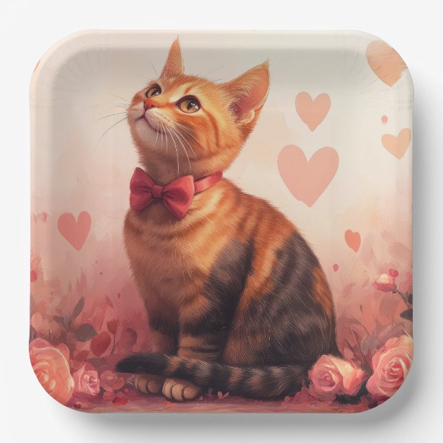 Abessinienkatze mit Rose - Valentinstag Pappteller (Vorderseite)