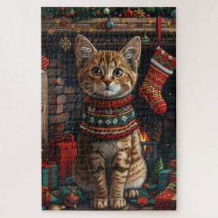 Abessinienkatze mit Weihnachtsgeschenken Feuerplat Puzzle