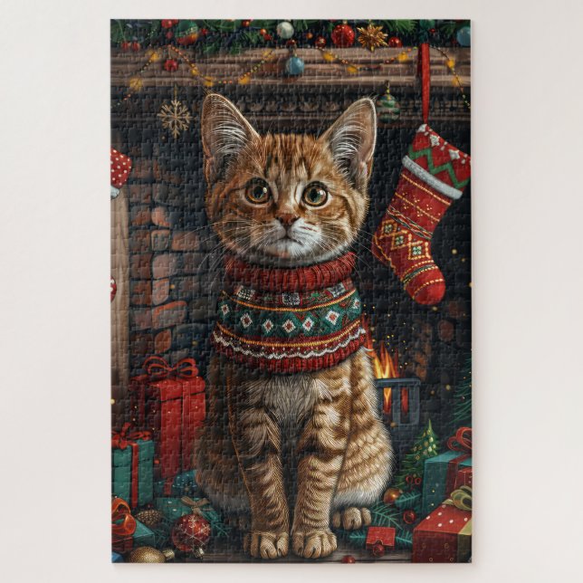 Abessinienkatze mit Weihnachtsgeschenken Feuerplat Puzzle (Vertikal)