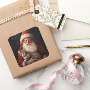 Abessinienkatze mit Weihnachtsmann Weihnachten Quadratischer Aufkleber