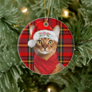 Abessinier-Katze Ho Ho Ho Weihnachtsmannmütze Froh Keramik Ornament