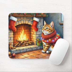 Abessinier sitzt an einem Kamin mit Weihnachtslich Mousepad