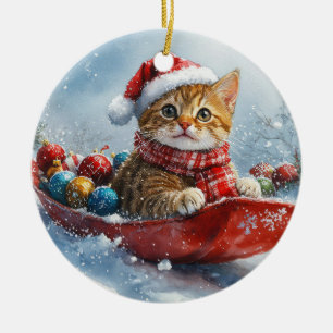 Abessinierkatze im Schlitten Lass es schneien Weih Keramik Ornament