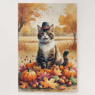 Abessinierkatze in Herbstblätter-Erntedank-Kunst Puzzle