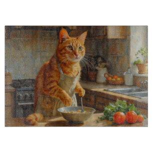 Abessinierkatze kocht in der Küche Schneidebrett