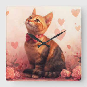 Abessinierkatze mit Rosen - Valentinstag Quadratische Wanduhr