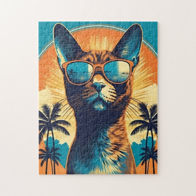 Abessinierkatze mit Sonnenbrille an einem tropisch Puzzle (Vertikal)
