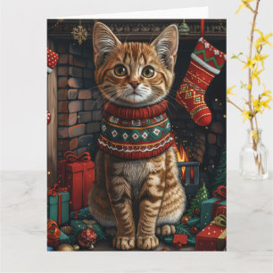 Abessinierkatze mit Weihnachtsgeschenken Kamin Karte