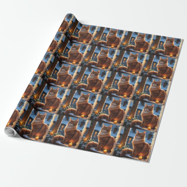 Abessinierkatze mit Weihnachtslichtern Feiertag Geschenkpapier (Ungerollt)