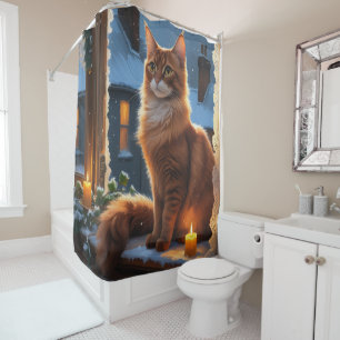 Abessinierkatze mit Weihnachtslichtern Urlaub Duschvorhang