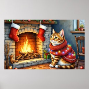 Abessinierkatze sitzt neben dem Kamin mit Weihnach Poster
