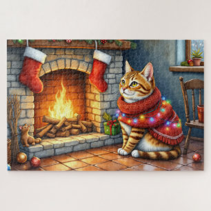 Abessinierkatze sitzt neben dem Kamin mit Weihnach Puzzle