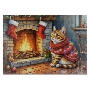 Abessinierkatze sitzt neben dem Kamin mit Weihnach Schneidebrett