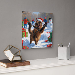 Abessinierkatze Weihnachten Festliche Schneeszene Quadratische Wanduhr
