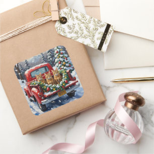 Abessinierkatze Weihnachten Rotes Lastwagen Ferien Quadratischer Aufkleber