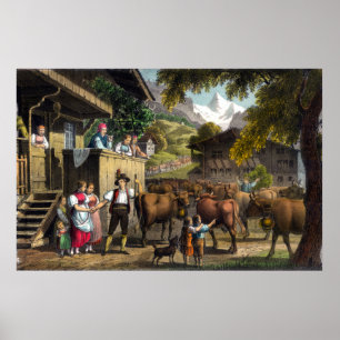 Abfahrt für die Alpen - traditionelle Schweizer Poster