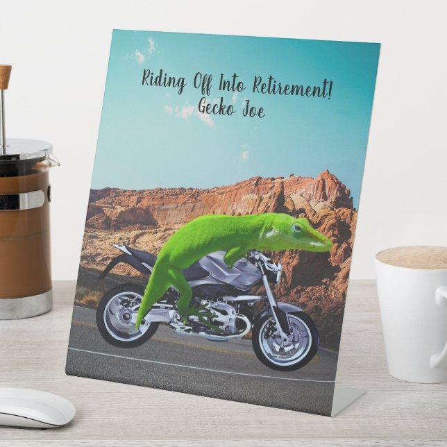Abfahrt in den Ruhestand Custom Gecko Motorrad Sockelschild (In Situ)
