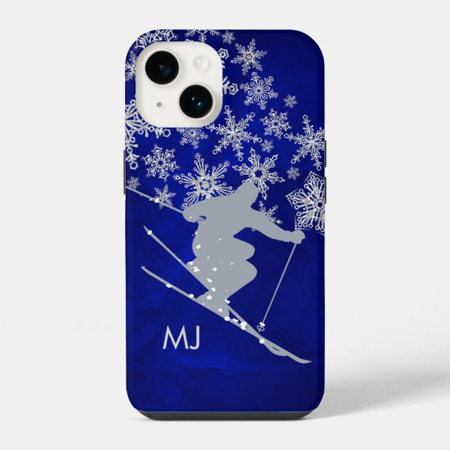Abfahrt-Ski-Schnee Blaues Monogramm iPhone Hülle (Rückseite)