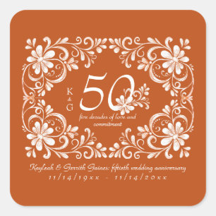 Abgebrannter Orange Shabby Chic 50. Hochzeitstag A Quadratischer Aufkleber
