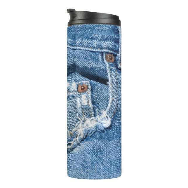 Abgenutzte Jeans Thermosbecher (Nach rechts gedreht)