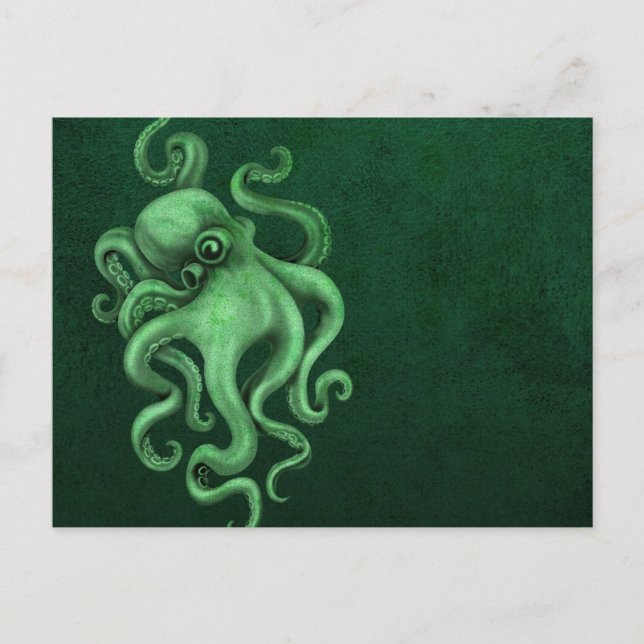 Abgenutzte Vintage Octopus-Illustration - grün Postkarte (Vorderseite)