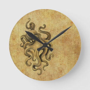 Abgenutzte Vintage-Oktopus-Illustration Runde Wanduhr