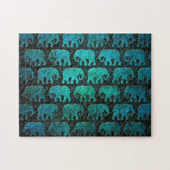 Abgenutztes Elefant-Silhouette-Muster, blau Puzzle (Horizontal)