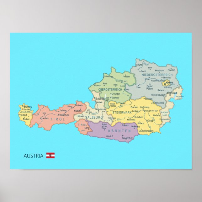 Abgeschiedene Karte der Regionen Österreichs Poster (Vorne)