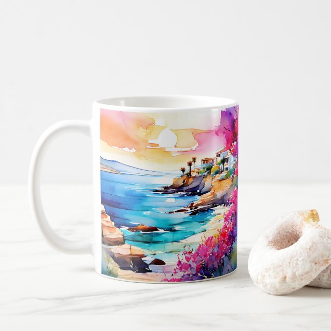 "Abgeschiedener Strand" Kaffeetasse (Mit Donut)
