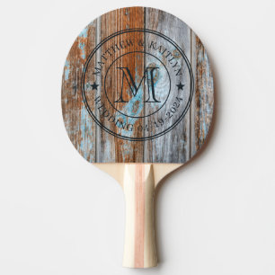Abgetragenes Blau gewaschenes Holz Hochzeit Monogr Tischtennis Schläger