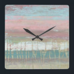 Abgewischter Horizont Quadratische Wanduhr<br><div class="desc">Abgewischter Horizont I durch Jennifer Goldberger. Kennzeichnet horizontale Linien der verschiedenen Farben,  von Rosa zu Gold zum Blau.</div>