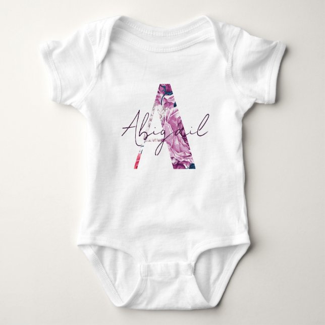 Abigail Baby Name Blumen Script Hübsch Girl Floral Baby Strampler (Vorderseite)