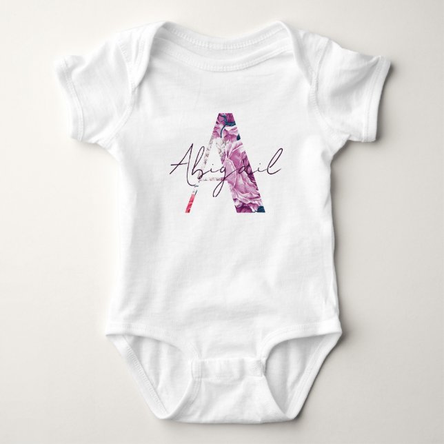Abigail Baby Name Blumen Script Hübsch Girl Floral Strampler (Vorderseite)