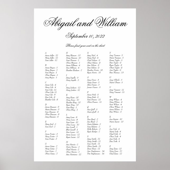 Abigail Elegante Alphabetische Hochzeitstabelle Poster (Vorne)