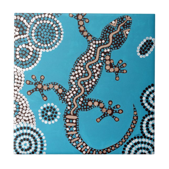 Aboriginal Art, Gecko, Punktmalerei, Dot-Painting Fliese (Vorderseite)