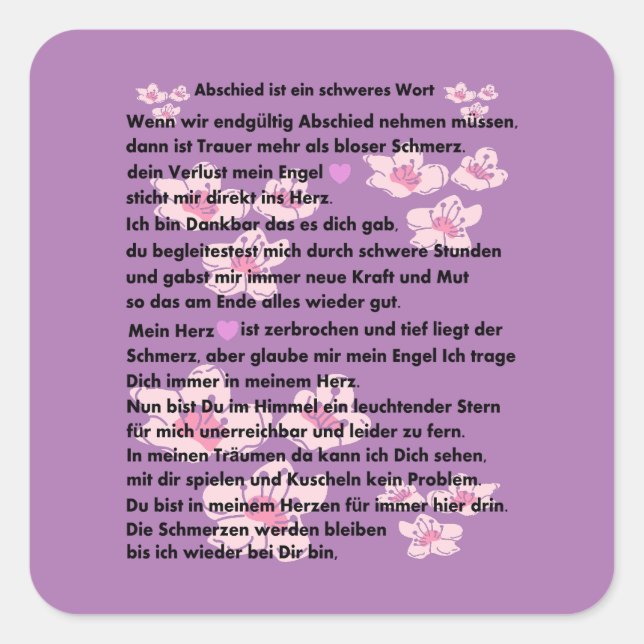 Abschieds Gedicht Quadratischer Aufkleber (Vorderseite)