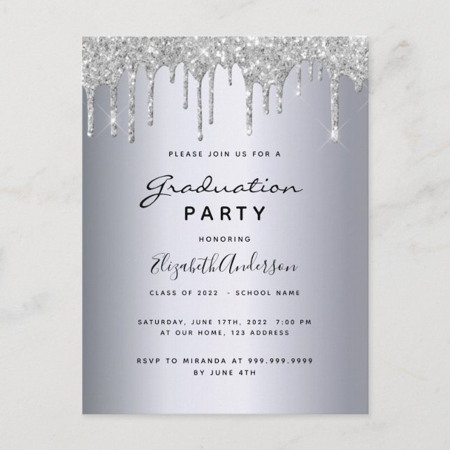 Abschluss 2021 Party Silber Glitzer Einladung Postkarte (Vorderseite)