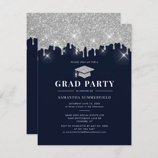 Abschluss 2022 Glitzer Silver Sparkle Grad Party Einladung (Vorne/Hinten)